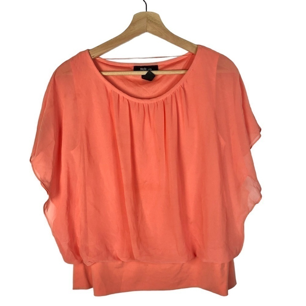 Style & Co Petite Coral Chiffon Banded Hem Y2K Short Sleeve Top PL